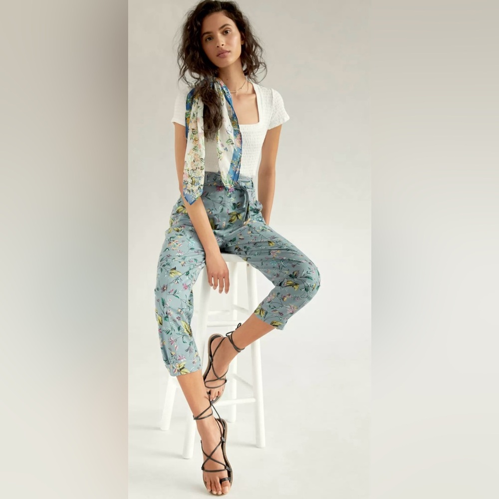 Anthropologie High Rise‎ Victoria Blue Floral Cargo Pants Paperbag Waist Size 0P